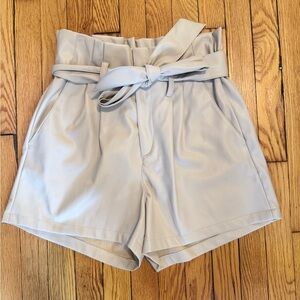 High-Waist Vegan Leather Paperbag Shorts with Tie Belt - stone